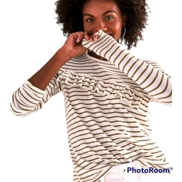 Lucky Brand Stylish cream/green asymetrical ruffle striped long sleeve tee top - Picture 1 of 6